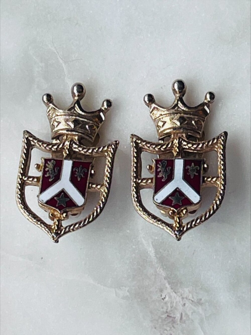 Vintage Coro Crown Shield Clip-On Earrings Gold Tone Enamel Heraldic Crest